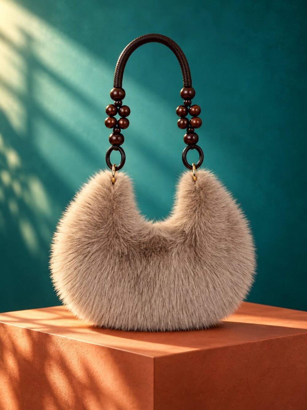 Taupe Fur Beaded Handle Bag